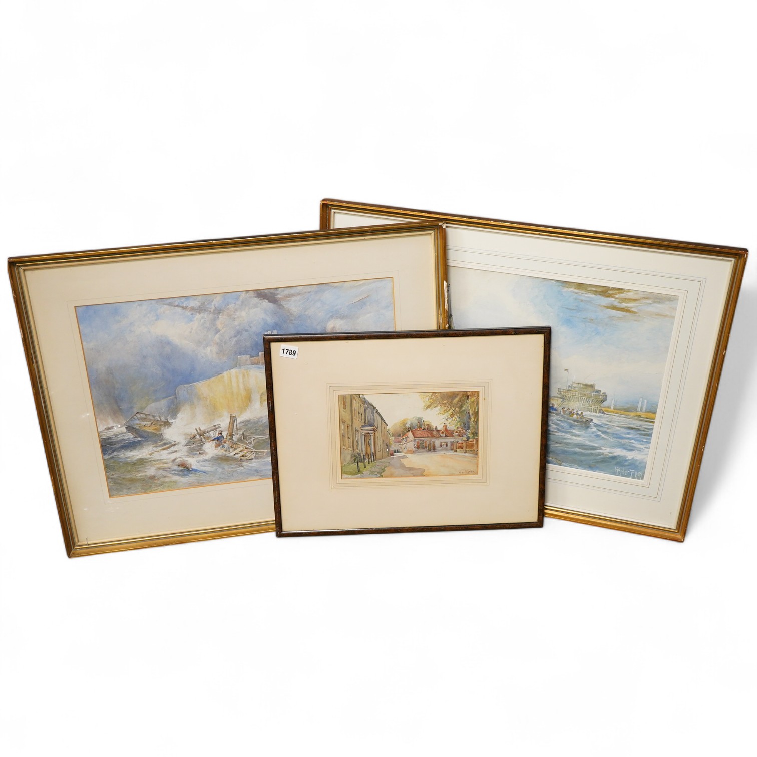 A R Yates, Street scene, watercolour, together with an early 20th century pair of watercolours to include a shipwreck scene, each signed, largest 36 x 56cm